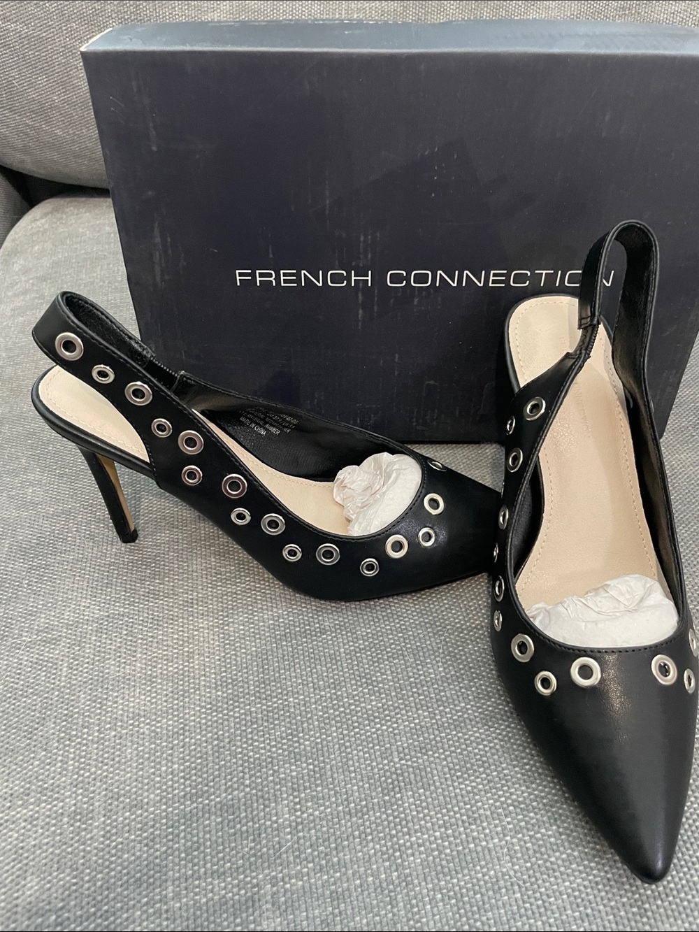 French Connection Black Slingback Pointed Pumps with Silver Grommets